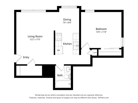 Floor plan for 1 bed, 1 bath, 665 sqft
